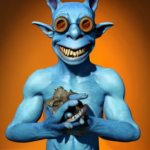 Image similar to a beautiful painted portrait of a happy blue goblin creature with a monocle by james gurney | centered | unreal engine :. 1