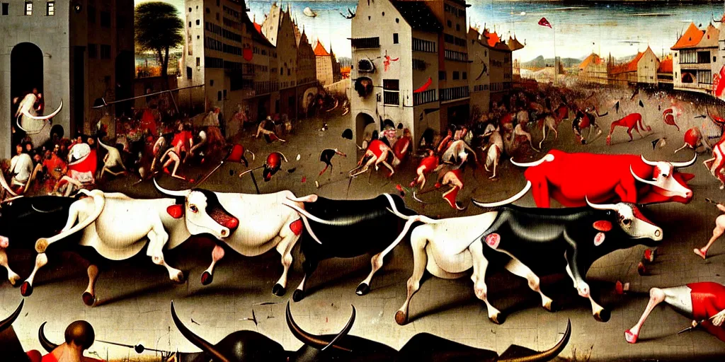 Prompt: the running of the bulls in pamplona, hundreds of people are fleeing from rampaging bulls in the city streets, art by hieronymus bosch, intricate, elegant, highly detailed, smooth, sharp focus, artstation