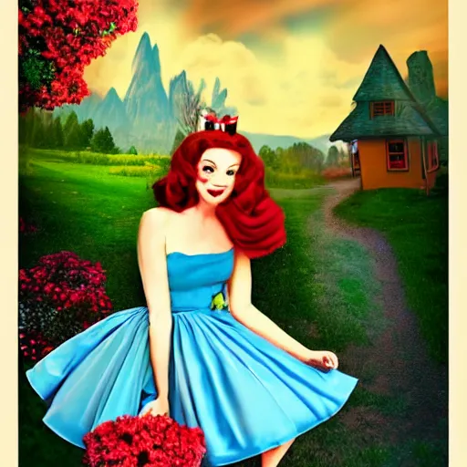 Prompt: giant alice in wonderland, pin up, houses, trees, mountains, woman, city, digital art, photo, blue dress, photoshop, flowers, colorful