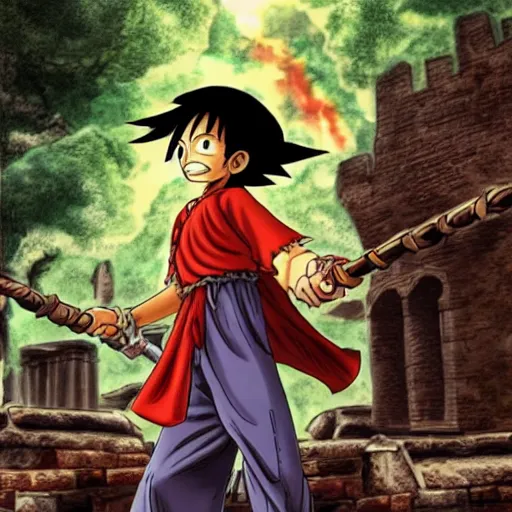 Image similar to luffy in the harry potter universe far away at some ruins from a castle. a wizard is already there and summons a portal that would take me back home, reallife