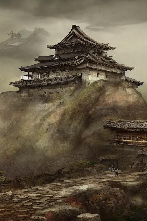 Image similar to detailed digital painting of old, ruined, japanese fort from sengoku period, overcast weather, environment concept art, photobash, overcast weather, unreal engine render, nanite