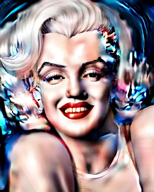 Image similar to Beautiful Head and shoulders portrait of smiling flirty seductive Marilyn monroe with platinum blonde hair, wearing a camisole by arney freytag, artstation, 35mm, fashion photoshoot, photo studio, golden hour, bokeh, rim lighting, fashion pose, octane, 4k