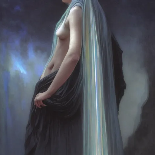 Prompt: awe-inspiring award-winning concept art painting of attractive figure in black shrouds called the ghost of the moonbow queen, rainbow, by Michael Whelan, William Adolphe Bouguereau, John Williams Waterhouse, and Donato Giancola, cyberpunk, extremely moody lighting, glowing light and shadow, atmospheric, shadowy, cinematic, 8K,