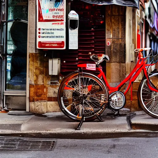 Prompt: bicycle made of charcuterie, meat cycle, beef bike, flesh bicycle, glisten, oily, dripping, mechanical, street photography, cityscape,