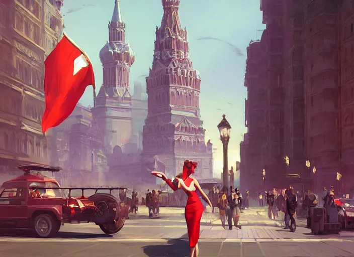Image similar to gorgeous inspiring girl enthusiastically waving a red flag over her head to inspire people in a Mandelbrot fractal bustling Moscow City by Craig Mullins, ilya kuvshinov, krenz cushart, artgerm trending on artstation by Edward Hopper and Dan Mumford and WLOP and Rutkovsky, Unreal Engine 5, Lumen, Nanite