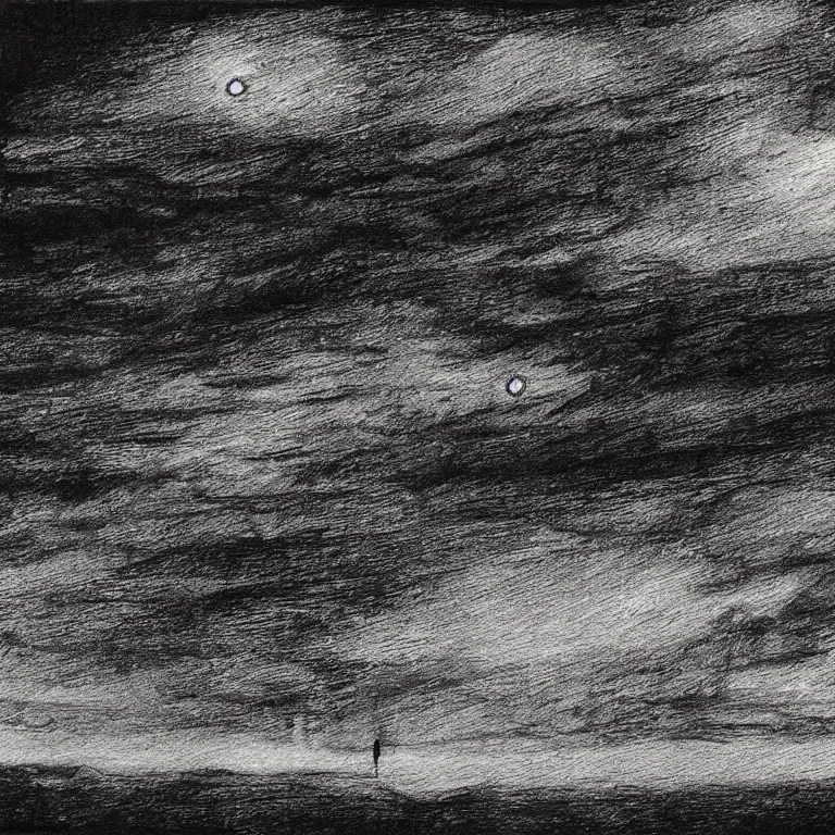 Image similar to foggy night sky, etching, black and white, high detail, engraving, printmaking, high contrast