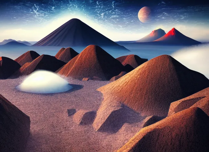 Image similar to high - quality render of planet with volcanic landscape, concept art, at morning, sunrise, smooth fog, high quality, art in style malevich, symmetry in objects