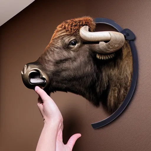 Image similar to hunting trophy bison head in oculus vr nailed to the wall,