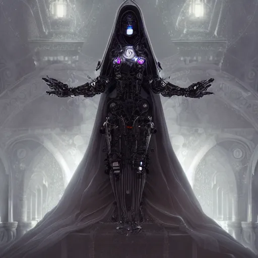 Image similar to female robots with heart organ, dressed in intricate gothic futuristic veils and jewels, epic environment, matte painting, diffused lighting, highly detailed, cinematic, epic atmosphere, digital art, trending on artstation, wide angle