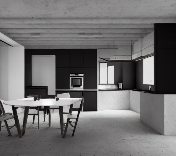 Image similar to brutalist black house kitchen interior design minimalist organic, organic architecture furniture open space high quality octane render blender 8 k