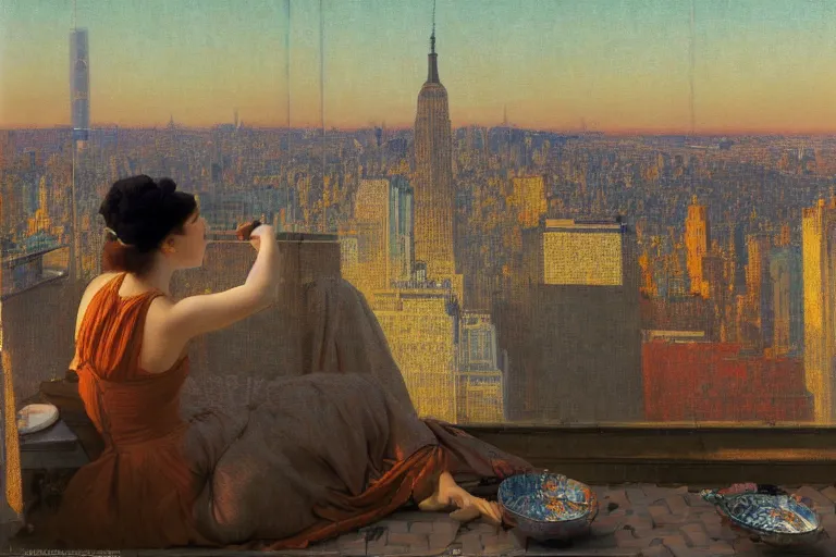 Prompt: painting of a lady, in a rooftop, watching new york, beautiful, sunset, romantic, by ludwig deutsch and maxfield parrish, patterned tilework, extremely detailed, cinematic lighting, smooth sharp focus