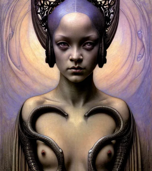 Image similar to detailed realistic beautiful young medieval alien robot rihanna face portrait by jean delville, gustave dore and marco mazzoni, art nouveau, symbolist, visionary, gothic, pre - raphaelite. horizontal symmetry by zdzisław beksinski, iris van herpen, raymond swanland and alphonse mucha. highly detailed, hyper - real, beautiful