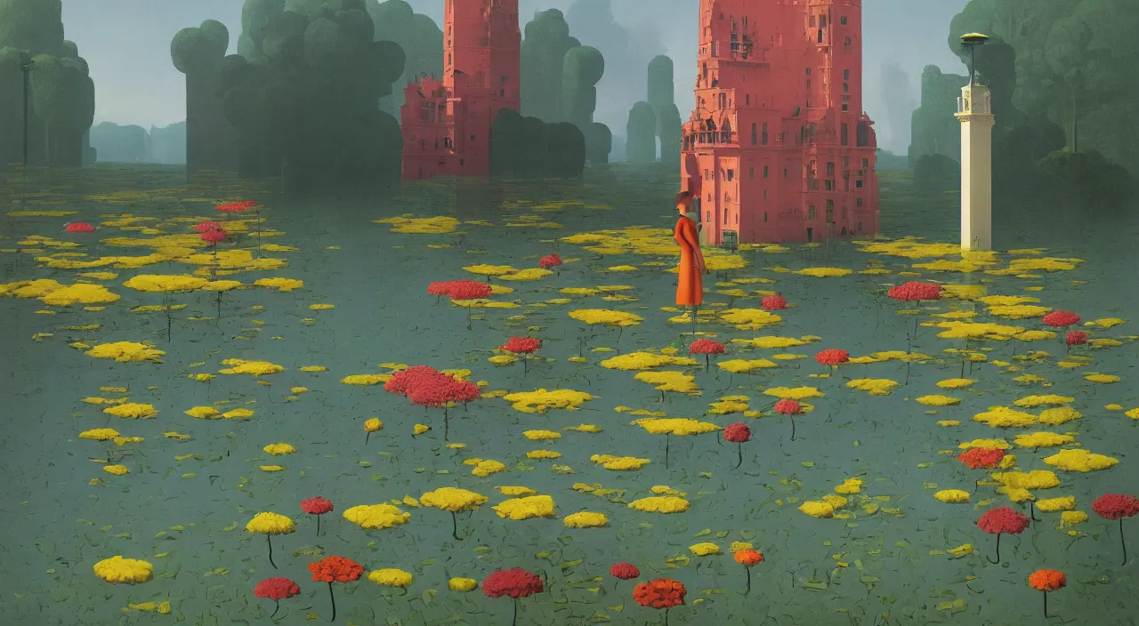 Prompt: single flooded simple flower tower, very coherent and colorful high contrast!! masterpiece by rene magritte simon stalenhag carl spitzweg syd mead norman rockwell edward hopper james gilleard, minimalist, dark shadows, sunny day, hard lighting