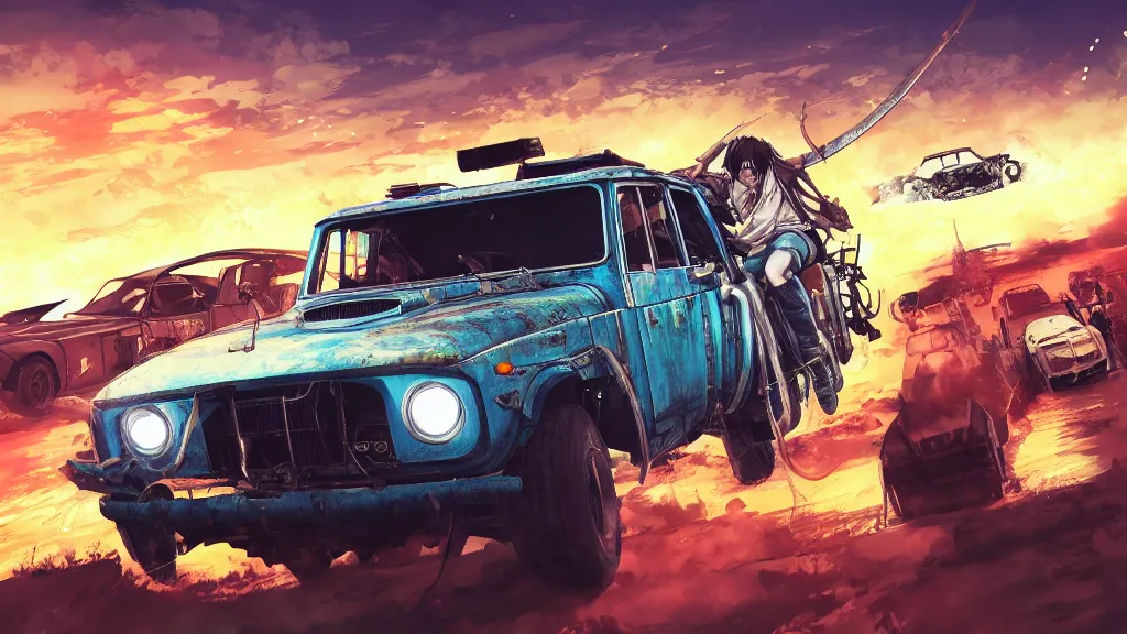 Image similar to anime illustration of mad max's fj 4 0 pursuit special, the last v 8 interceptor driving down to the gates of valhalla highway, riding fury road eternal shiny and chrome, world of fire and blood, by makoto shinkai, ilya kuvshinov, lois van baarle, rossdraws, basquiat, global illumination ray tracing hdr