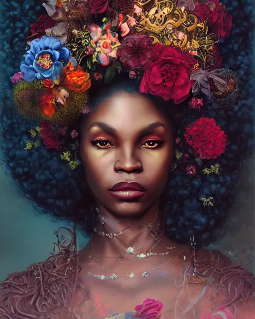 Image similar to portrait of the afro - american queen of the underworld, surrounded by flowers by karol bak, james jean, tom bagshaw, rococo, sharp focus, trending on artstation, cinematic lighting, hyper realism, octane render, 8 k, hyper detailed.