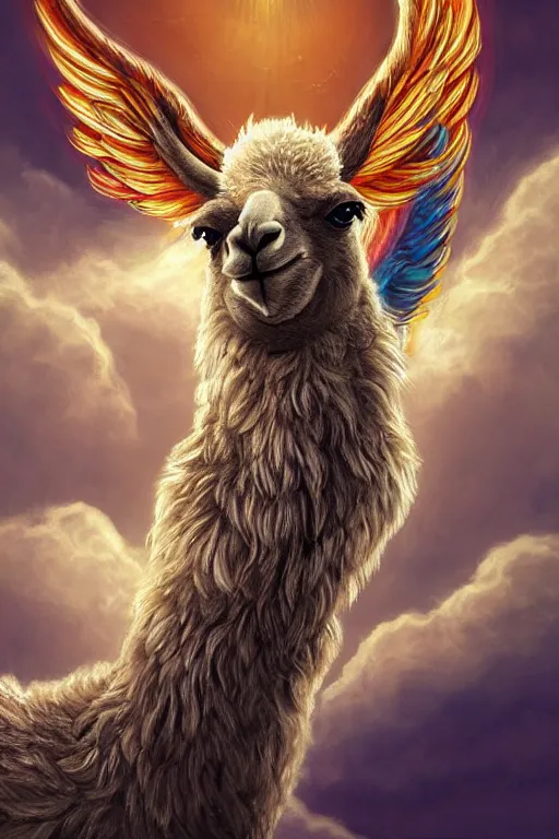 Image similar to A beautiful fierce llama angel with wings, wearing metal battle armor and a flaming sword, among heavenly sunlit clouds, symmetric, winged, close-up, intricate anthro llama portrait, elegant, digital llama painting, golden hour photo, cinematic, trending on artstation, anthro concept art, smooth, sharp focus, llama, illustration, art by artgerm and Greg Rutkowski and Alphonse Mucha, daily deviation, llama llama, anthro art masterpiece