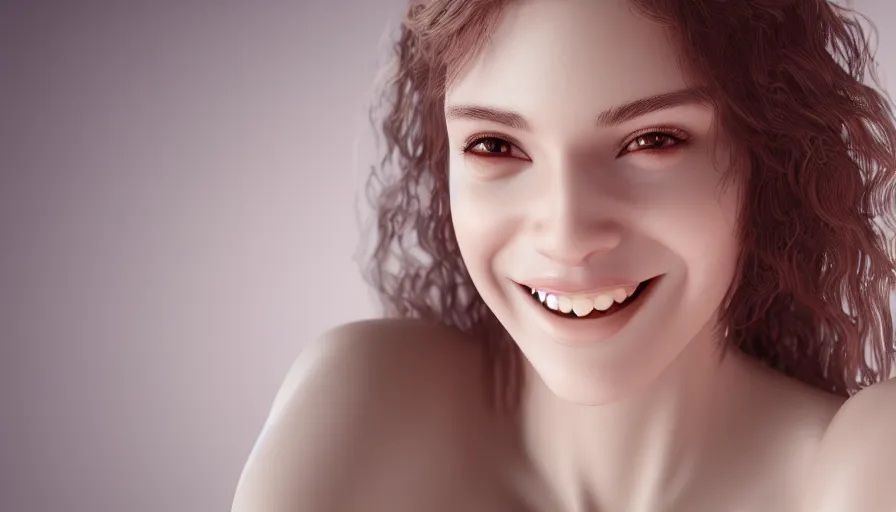 Image similar to portrait of a beatuiful smiling woman with nice features, fantasy, kind vibe, looking into the camera, studio photography, studio lighting, realistic render, octane render, 4 k, 8 k, face in focus