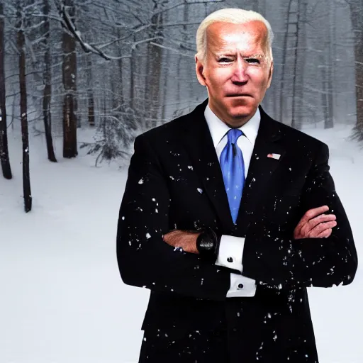 Prompt: professional photograph of angry Joe Biden with white paint on his face and wearing dark robes standing in a snowy forest, 8k, highly intricate, highly detailed,
