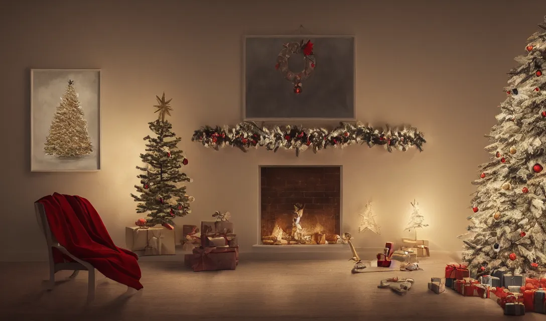 Image similar to a christmas eve photorealistic painting on the wall, home, interior, octane render, deviantart, greg rutkowski, cinematic, key art, hyperrealism, canon eos c 3 0 0, ƒ 1. 8, 3 5 mm, 8 k, medium - format print