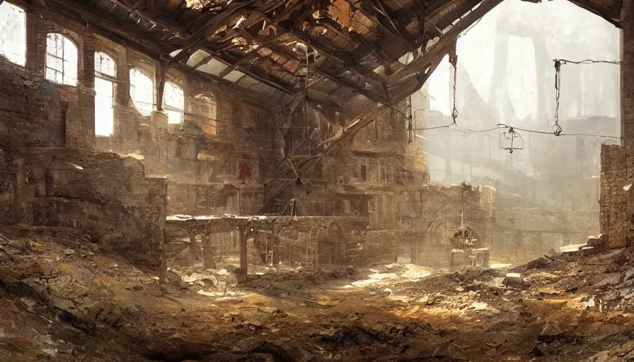 Image similar to a beautiful painting of of an old abandoned 1 9 th century mine with exposed beams, pickaxes and a helmet with a broken light, warm colors by greg rutkowski and kalin popov, trending on artstation, masterpiece,