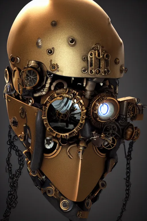 Image similar to steampunk mask minimalist fantasy art robot ninja helmet, global illumination ray tracing hdr fanart arstation by sung choi and eric pfeiffer and gabriel garza and casper konefal radiating a glowing aura