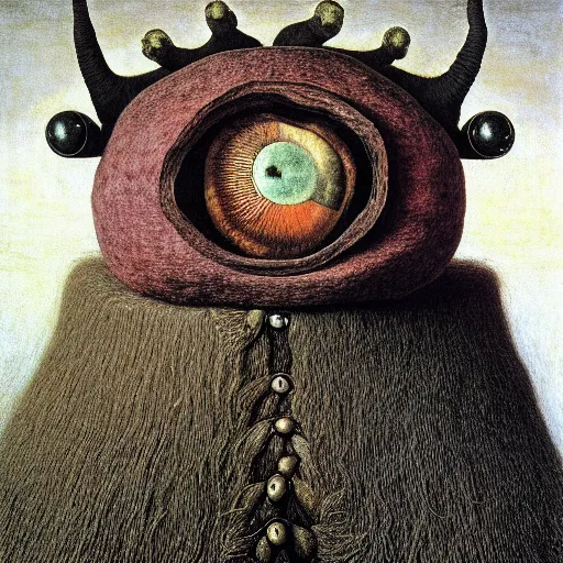 Image similar to portrait photo of a wool sock with giant eyes, face made from unfulfilled dreams, extremely high details, realistic, by Giuseppe Arcimboldo, Rene Margitte, MC Escher