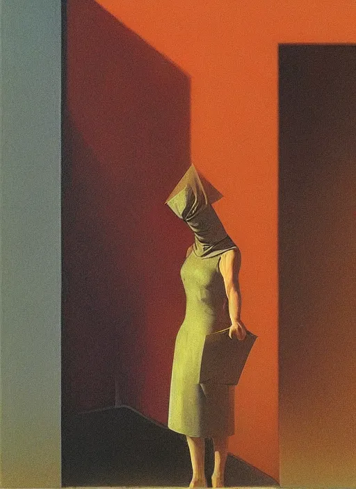 Image similar to woman in paper bag over the head and a sward Edward Hopper and James Gilleard, Zdzislaw Beksinski, highly detailed