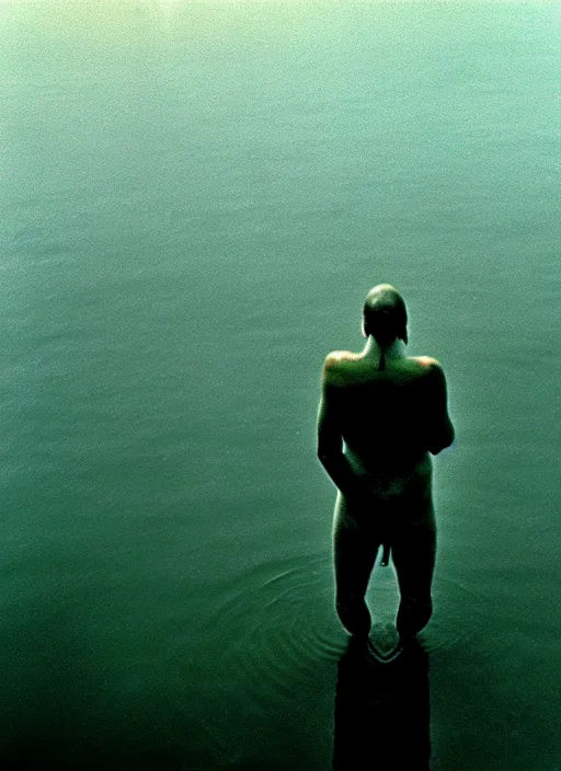 Image similar to sad, lonely frog vertically hovering above misty lake waters in jesus christ pose, low angle shot, long cinematic shot by Andrei Tarkovsky, paranormal, eerie, mystical