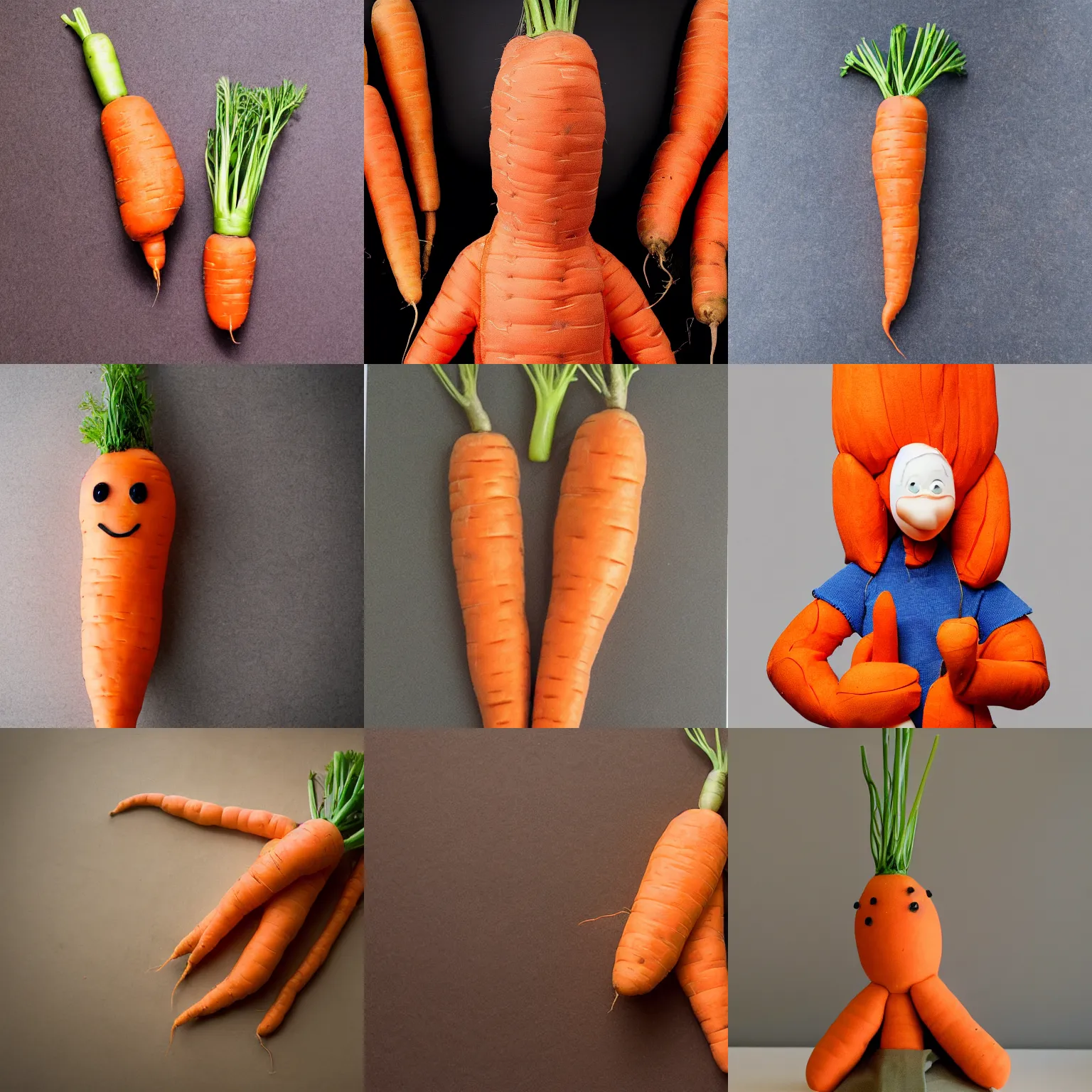 Prompt: a carrot dressed as a human, realistic, detailed, studio photo