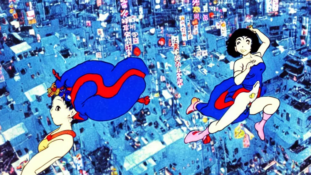 Prompt: manga of a woman in a blue dress wearing a blue peacock mask jumping down in an aerial kick from the top of a building in Tokyo, film still from the an anime directed by Katsuhiro Otomo with art direction by Salvador Dalí, wide lens