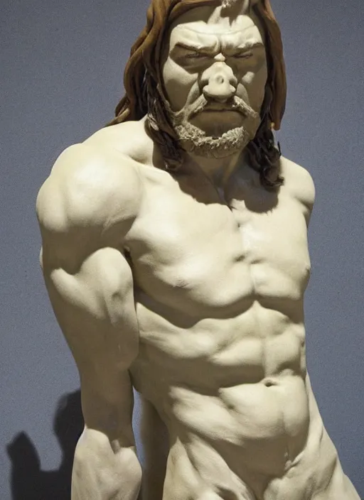 Prompt: a clay sculpture of conan the barbarian by Rodin