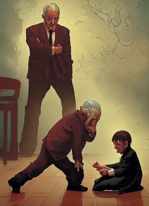 Image similar to poster artwork by Michael Whelan and Tomer Hanuka, Karol Bak of a old man transferring his soul into a young boy, sitting in the board room, from scene from Twin Peaks, clean