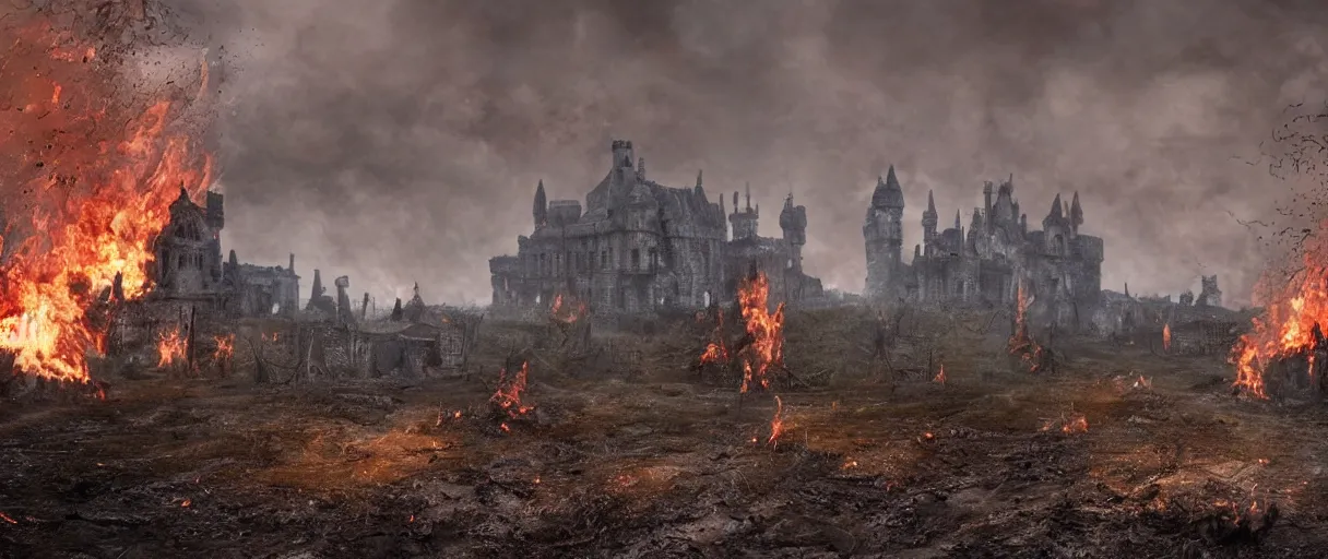 Prompt: burning village in the background, highly detailed fire tendrils, dead bodies scattered in mud, body parts, castle in background, foot path leads to background, flying mud, debris, smoke, field, wet, dawn, partly cloudy, cold breath, hyper realistic, octane render, hyper detailed, cinematic, medium shot