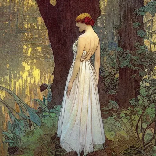 Prompt: a beautiful painting of the back view of a young lady in white dress sitting by the river in a grown forest, looking at her reflection on the water, sunlight reflected on the river, Mucha, Moebius, Mohrbacher