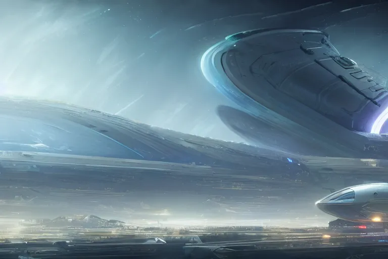 Image similar to a distant futuristic military installation, on the horizon, sleek, menacing, glowing lighting and neon signs, Raymond Swanland and Jessica Rossier nebula like clouds in space background near a ringed gas giant, hyper detailed hyper detailed, 8k, ultra realistic, cinematic lighting, ultra wide 35mm lens, Boeing Concept Art, Lockheed concept art