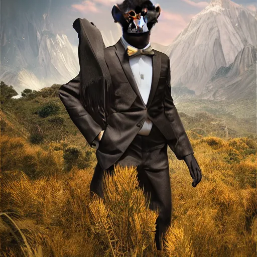 Prompt: Monkey in a suit landscape by Maciej Kuciara, 8k ultra high definition, upscaled, perfect composition , golden ratio, image credit nat geo