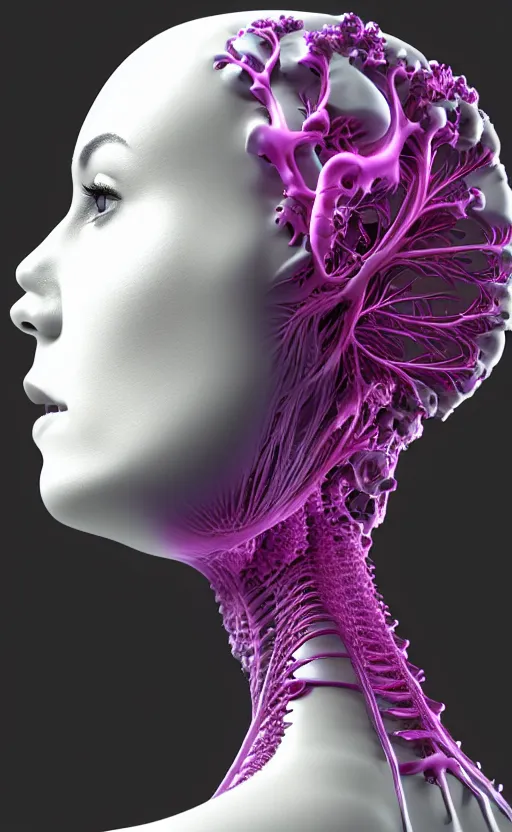 Prompt: 3D render of a beautiful profile face portrait of a female cyborg, 150 mm, flowers, Mandelbrot fractal, anatomical, flesh, facial muscles, veins, arteries, full frame, microscopic, elegant, highly detailed, flesh ornate, elegant, high fashion, rim light, ray trace, octane render in the style of H.R. Giger