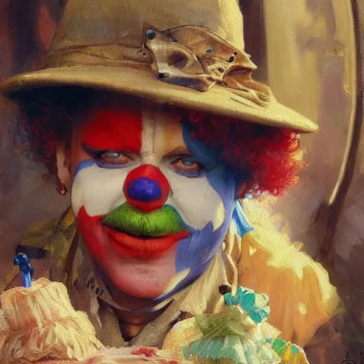 Image similar to a clown selling goodies on the train, highly detailed painting by gaston bussiere, craig mullins, j. c. leyendecker 8 k