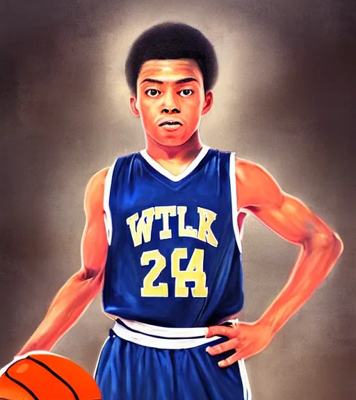 Prompt: portrait of a boy at a basketball court playing basketball wearing a basketball uniform in a basketball court standing near the basketball hoop, painted in 1776, intense emotion, detailed facial expression, detailed surroundings, intricate, elegant, highly detailed, centered, digital painting, artstation, concept art, smooth, sharp focus, illustration, WLOP