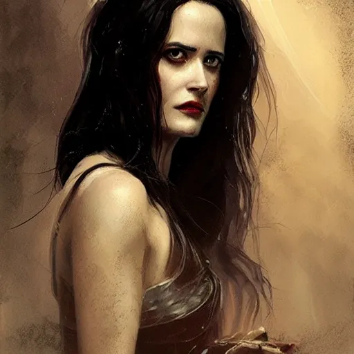 Image similar to eva green as yennifer from witcher, portrait, painted by greg rutkowski