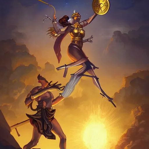 Prompt: Athena of Abyssinia defeats Chronos with gold throwing disc, by Peter Mohrbacher:5 Trending on Artstation:5