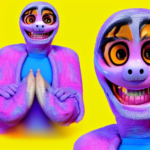 Prompt: a detailed 3 d render of a laughing pete davidson poorly disguised as a sloth in the style of junji ito and lisa frank, vray, 8 k, ornate, photorealistic, zbrush, unreal engine, cinema 4 d, octane renderer