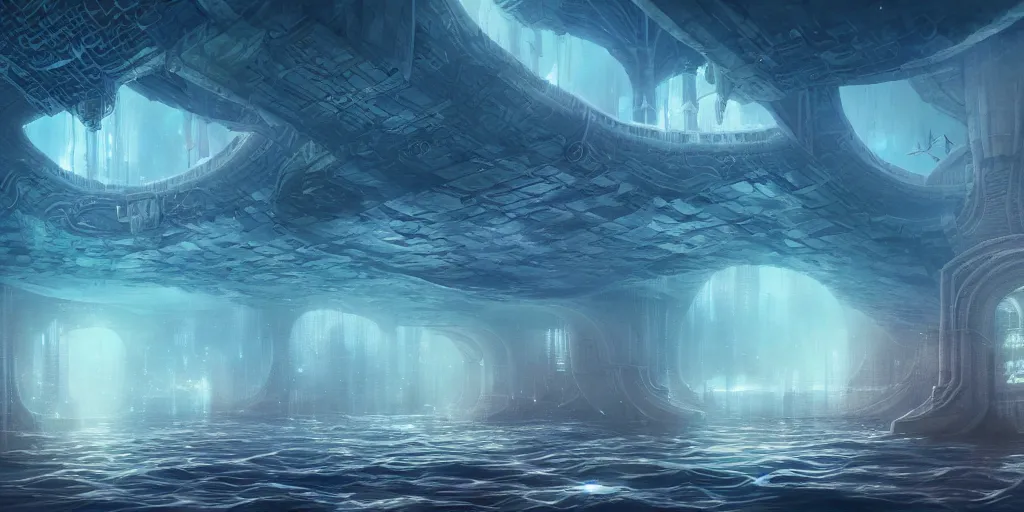 Image similar to underwater city, style epic, symmetrical, insanely detailed, style of charlie bowater, kelly mckernan, unreal engine render, artstation trend, hyper detail, epic art style, cinematic, concept art