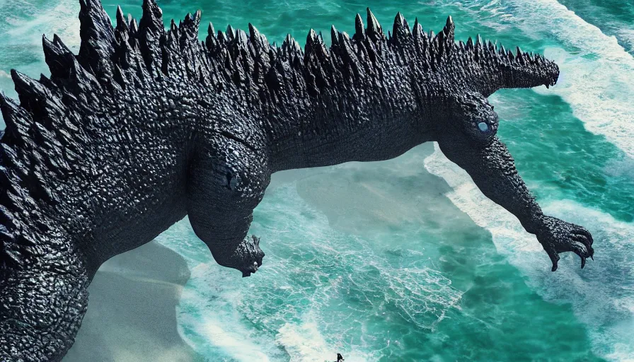 Image similar to CNN news footage taken from above. Godzilla from Zelda is washed up on the beach. 8K Highly professionally detailed, HDR, CGsociety, Ultra Realistic