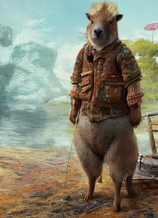 Image similar to detailed full body concept art illustration, soft focus, pastel painting on canvas of an anthropomorphic capybara fisherman in full intricate clothing, biomutant, dystopian, micro detail, octane render, 4K