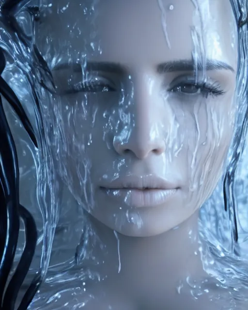 Image similar to epic full - ov - shot still of kim kardashian unconscious wearing a black lace dress in a transparent alien liquid, wet flowing hair, gooey skin, illustration, unreal engine 5, 8 k, made by h. r. giger.