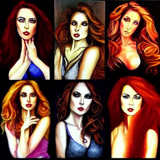 Image similar to “ five identical pretty women side by side, hyper realistic, in the style of julie bell ”