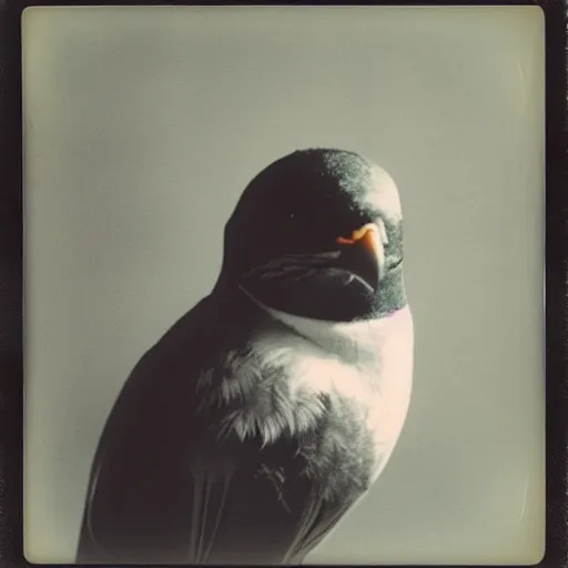 Image similar to medium-shot neat polaroid photo of a bird in a hoodie, 80s, colour, by Andy Warhol