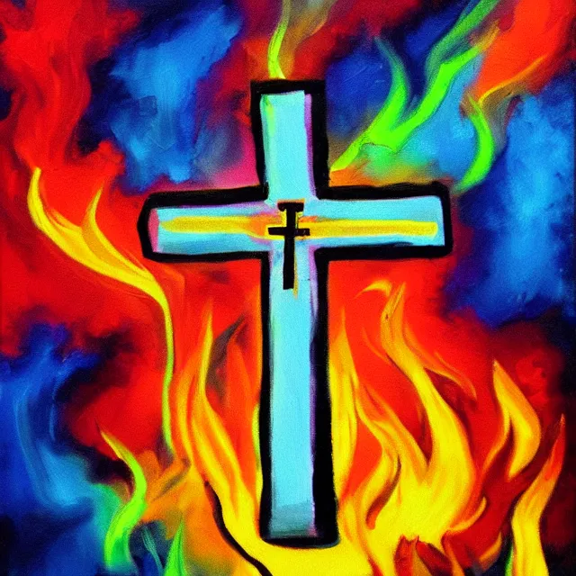 Prompt: cross on fire burning in flames, rainbow colors, oil painting, bold strokes