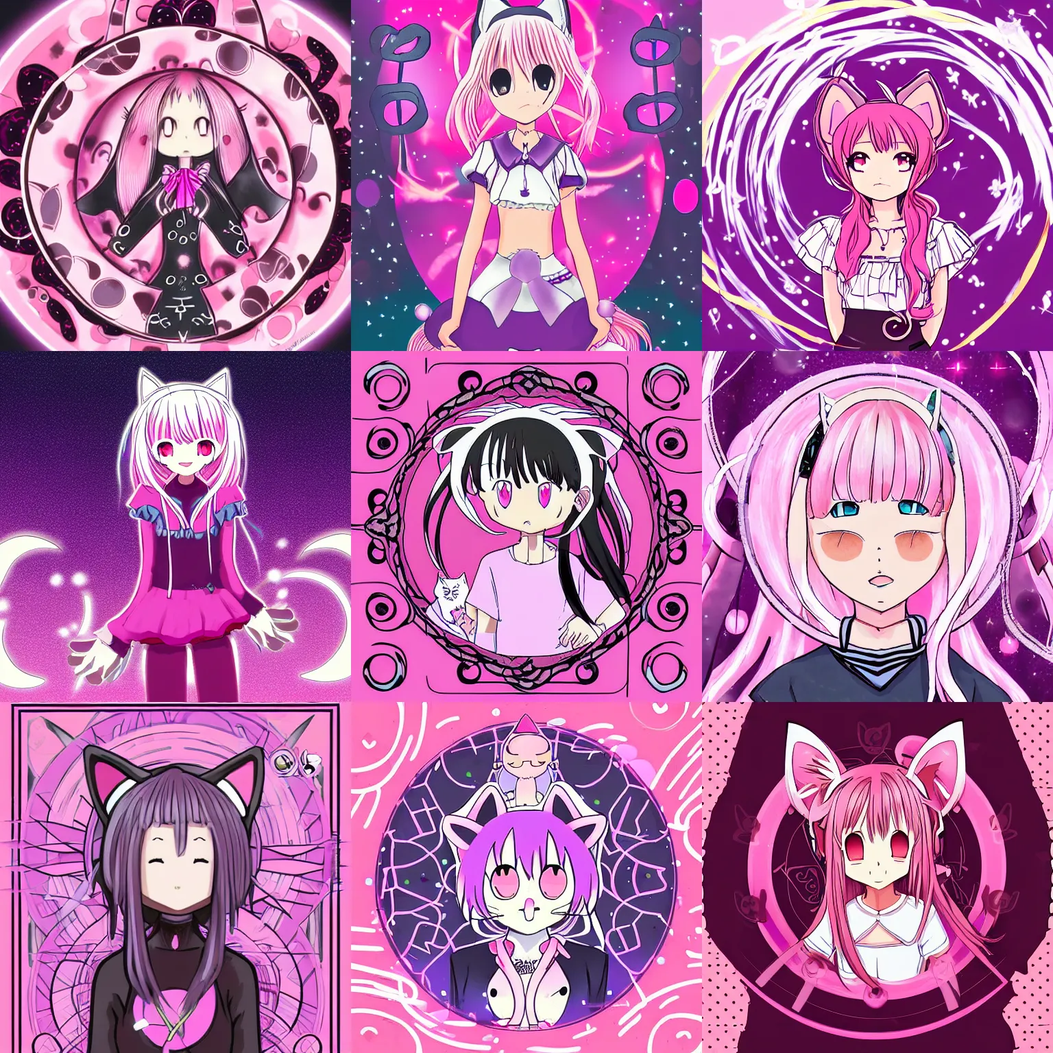 Prompt: digital card art of anime (cat) girl with (cat) ears surrounded by magic circles. Pink hue.